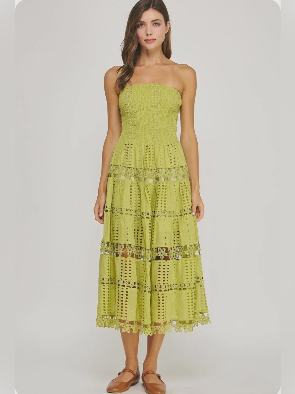 Eyelet tube strapless dress in cotton crochet lace. Color:  Chartreuse